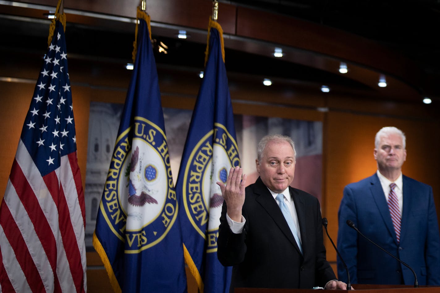 House Majority Leader Steve Scalise, R-La., spoke with reporters on Capitol Hill in Washington, Sept. 27, 2023. (Maansi Srivastava/The New York Times)