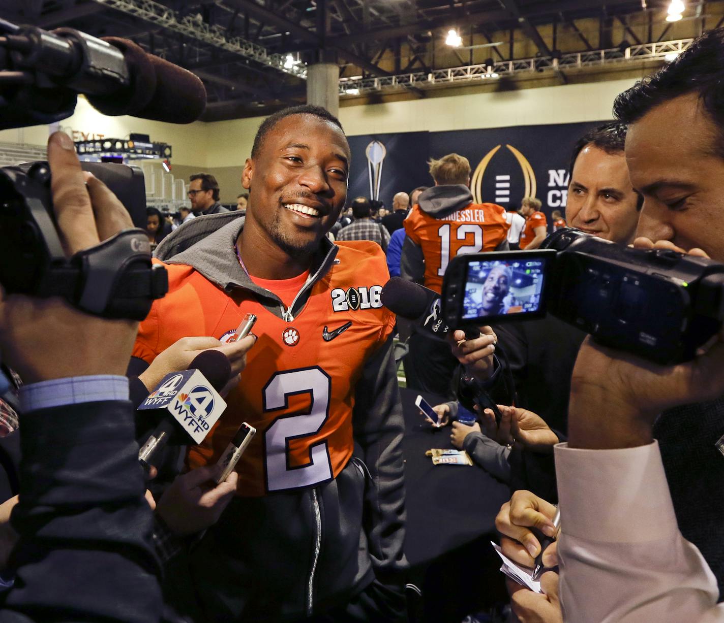 Clemson cornerback Mackensie Alexander talks during media day for the NCAA College Football Playoff National Championship in Phoenix, Saturday, Jan. 9, 2016. Clemson will face Alabama in Monday's game. (AP Photo/David J. Phillip) ORG XMIT: AZCC118