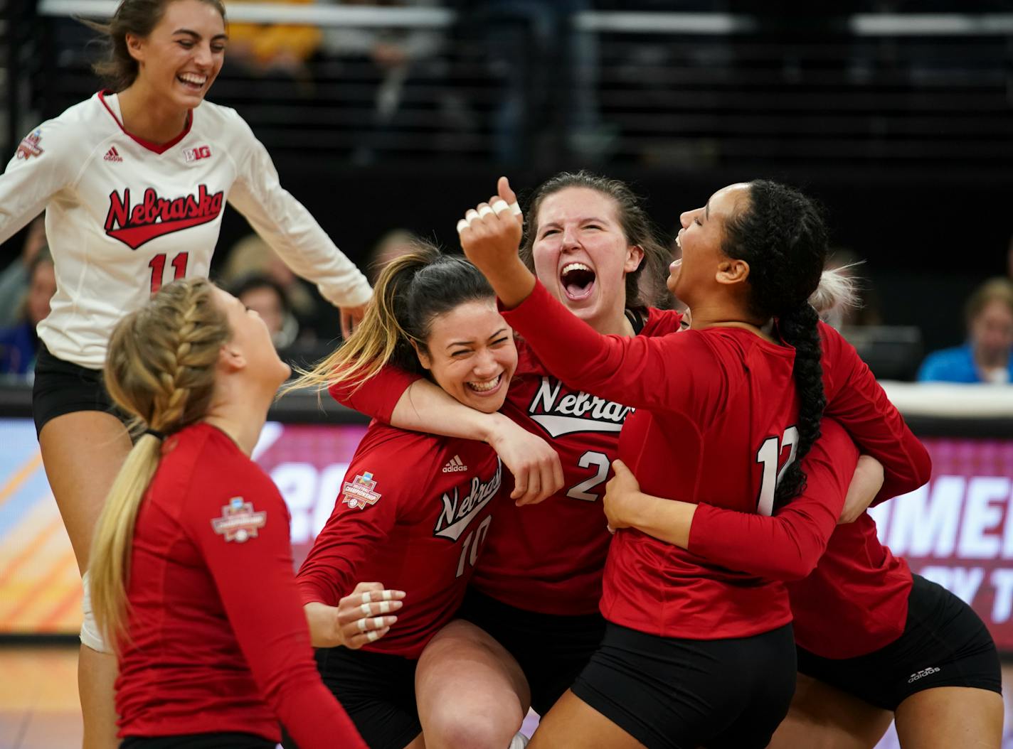 Nebraska's Mikaela Foecke (2) celebrated her match-winning shot Thursday night with teammates.