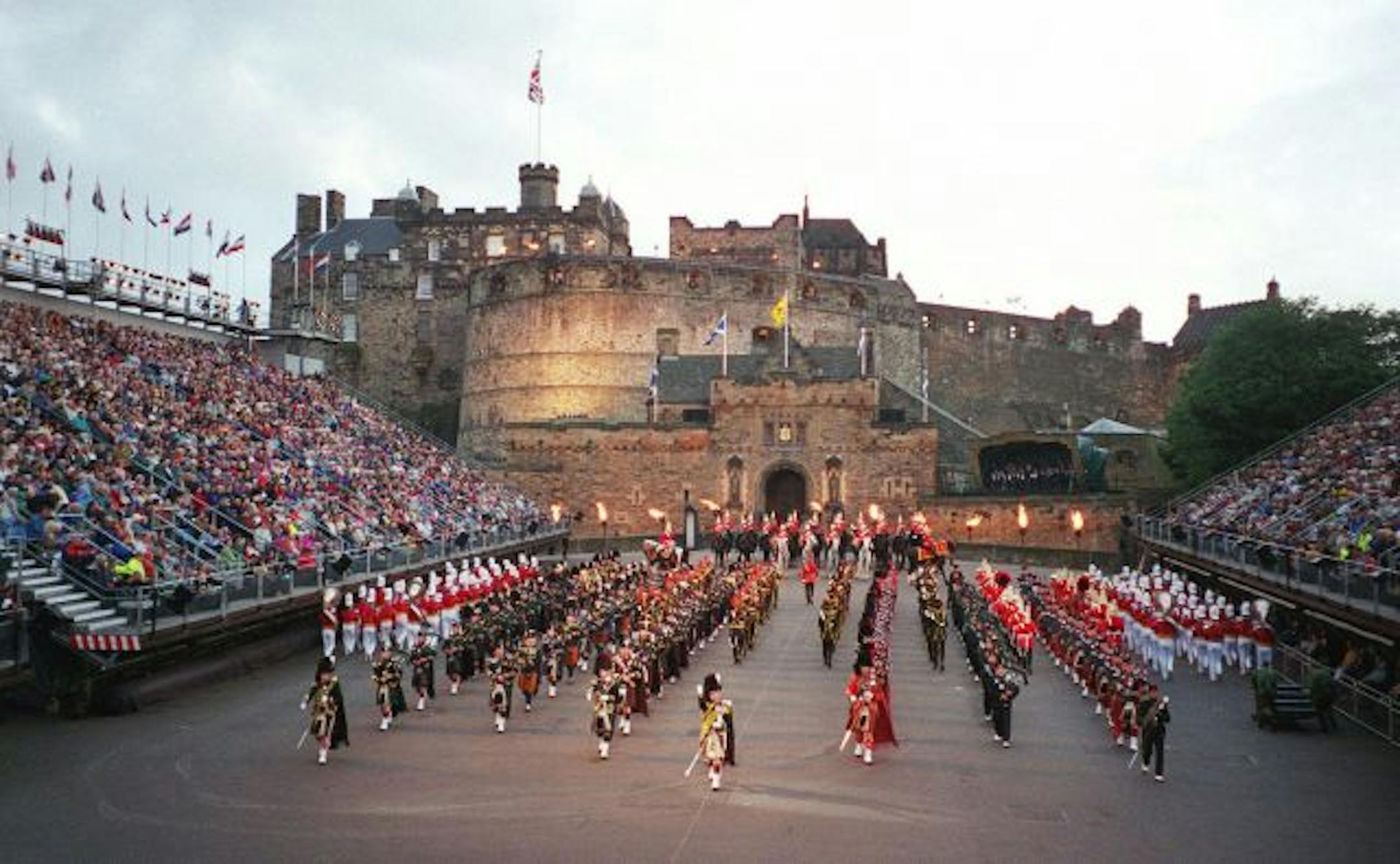 Edinburgh Castle serves as a dramatic backdrop for the military pageantry of the Royal Edinburgh Military Tattoo, which is held in August.