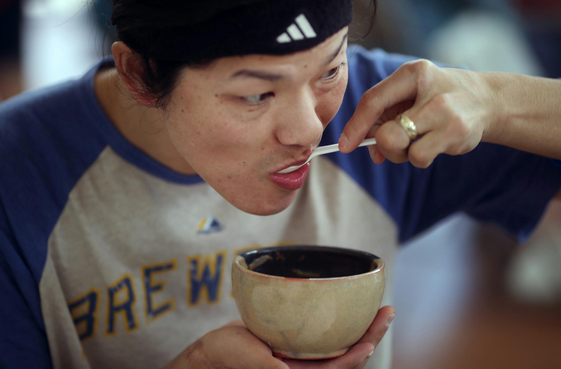 Jon Plotz sampled from a wide variety of soups Sunday at the anti-hunger fundraiser.