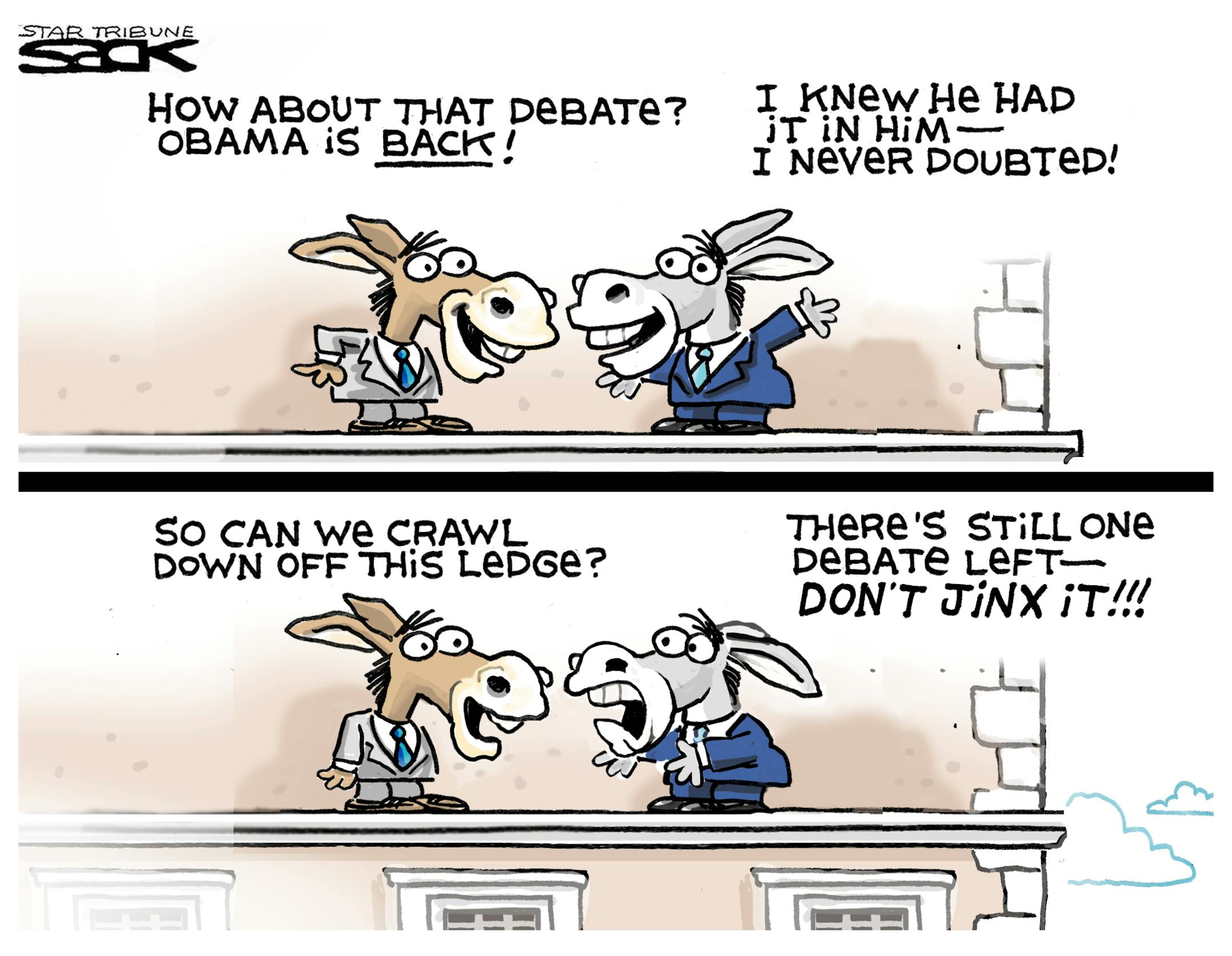 Steve Sack editorial cartoon for Oct. 18, 2012. Topic President Obama's performance at the second presidential debate.
