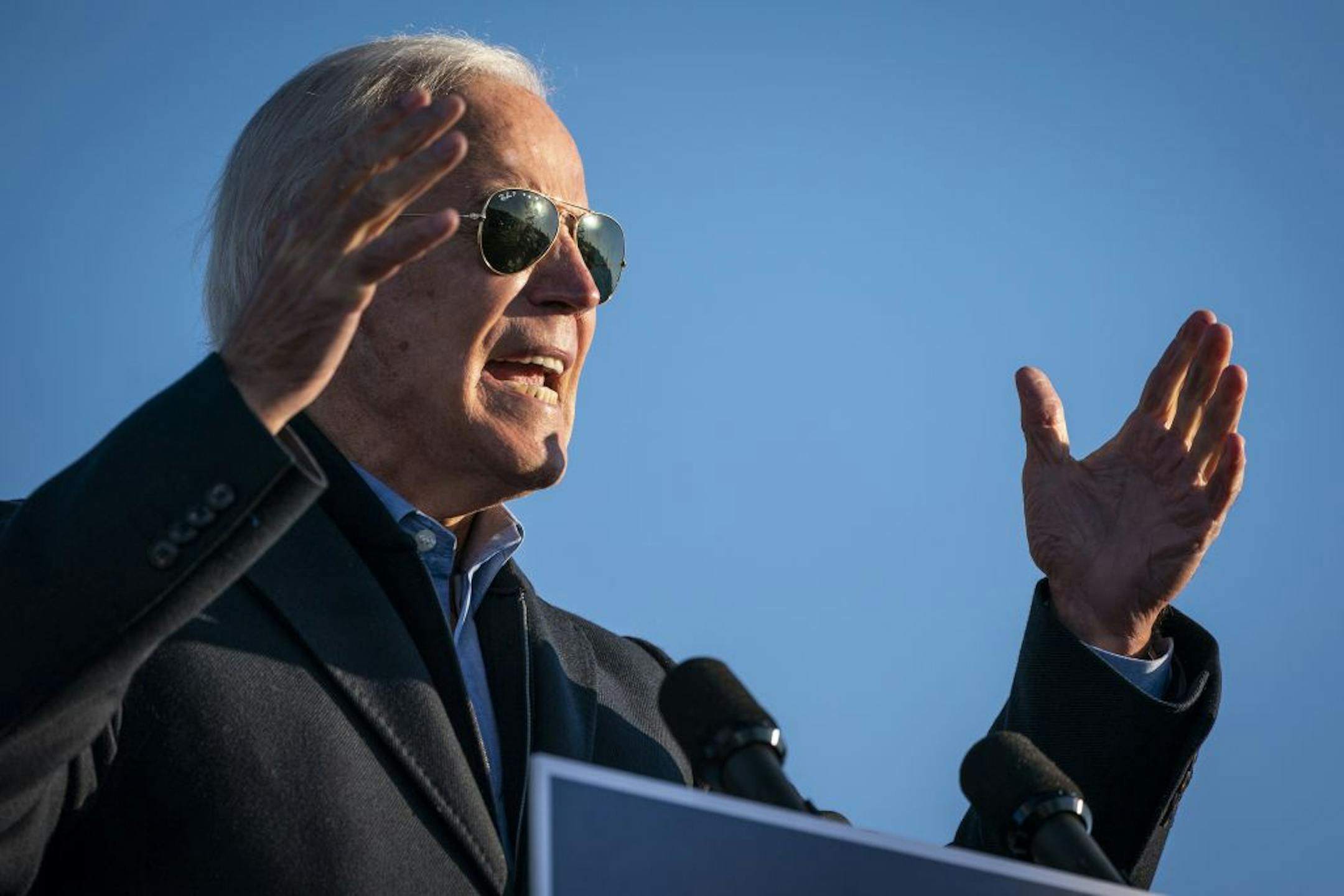 Former Vice President Joe Biden spoke during a drive-in campaign event in Falcon Heights.