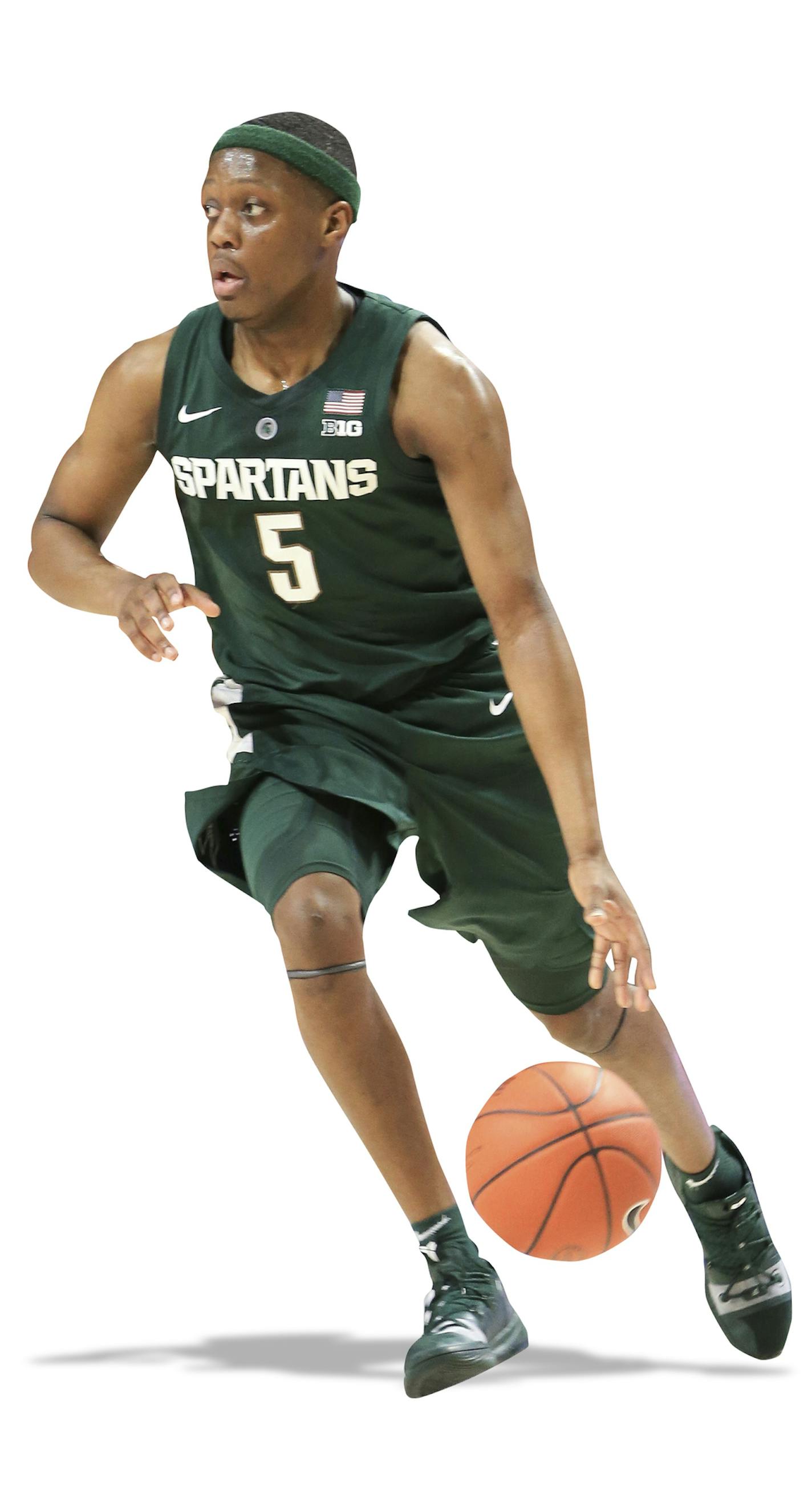 Michigan State guard Cassius Winston (5) against Florida during the first half of an NCAA college basketball game Saturday, Dec. 8, 2018, in Gainesville, Fla. Michigan State defeated Florida 63-59. (AP Photo/Matt Stamey) ORG XMIT: OTK