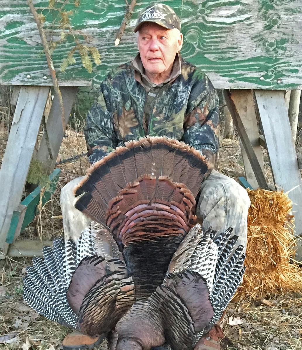 Retired Vikings coach Bud Grant felled this tom while hunting near Wadena Sunday. The big bird sported a 10-inch beard and was shot at 35 yards.