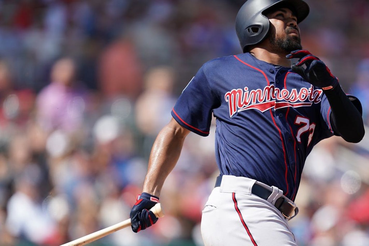 Twins center fielder LaMonte Wade Jr. (shown in a game earlier this month) hit a three-run home run in the second inning against the Pirates on Saturday -- the first of five homers by the Twins in their 10-1 spring training victory.