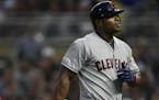 Cleveland Indians right fielder Yasiel Puig (66) was struck out by Minnesota Twins starting pitcher Jake Odorizzi (12) in the top of the first inning.