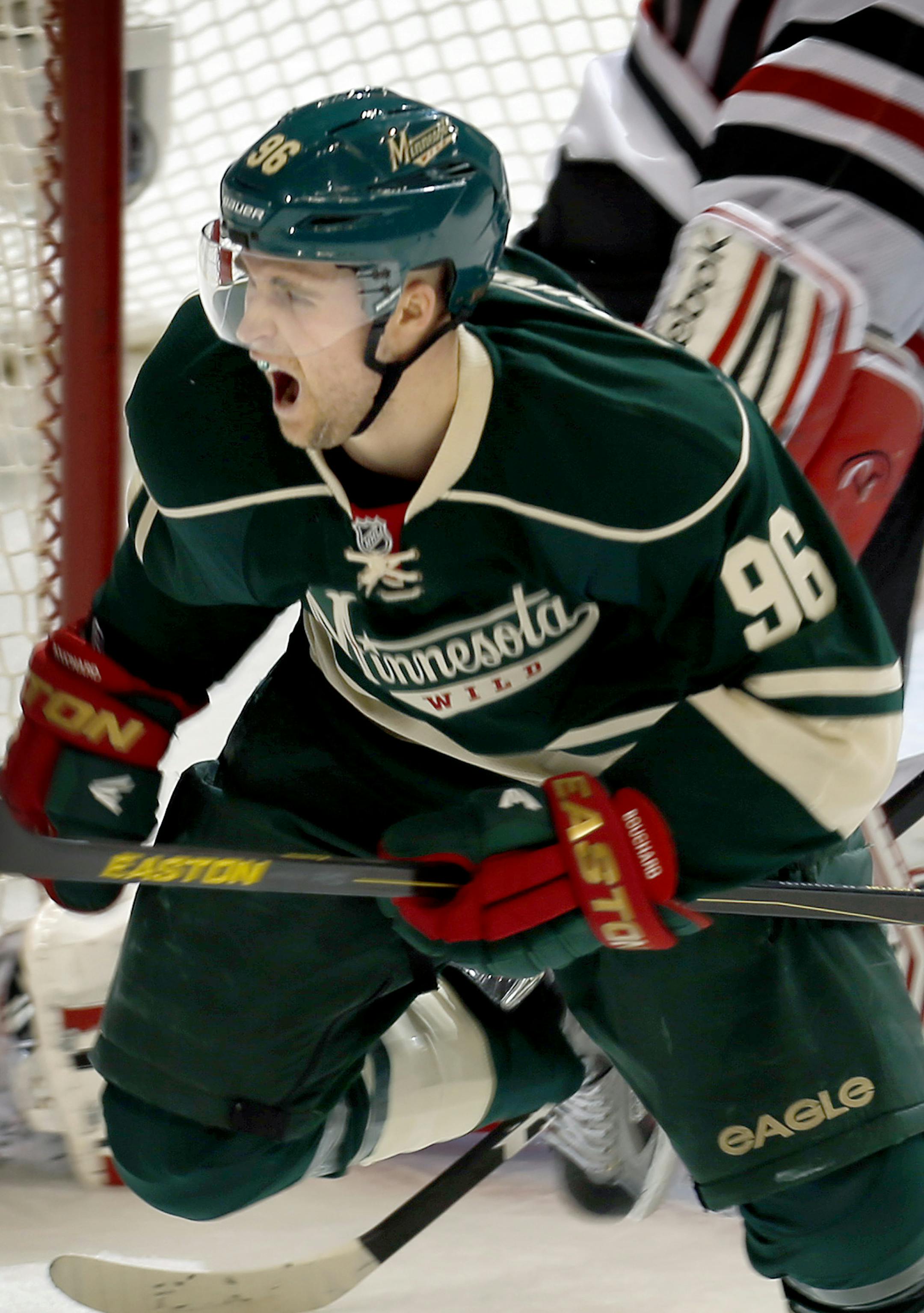 Pierre-Marc Bouchard (96) celebrated after scoring a goal in the first period. ] CARLOS GNZALEZ cgonzalez@startribune.com May 5, 2013, St. Paul, Minn., Xcel Energy Center, NHL Stanley Cup Playoffs, quarterfinals, Minnesota Wild vs. Chicago Blackhawks