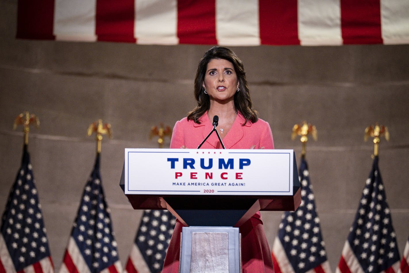 Nikki Haley, the former U.S. ambassador to the United Nations, addresses the Republican National Convention from the Andrew W. Mellon Auditorium in Washington, on Monday, Aug. 24, 2020. (Pete Marovich/The New York Times)