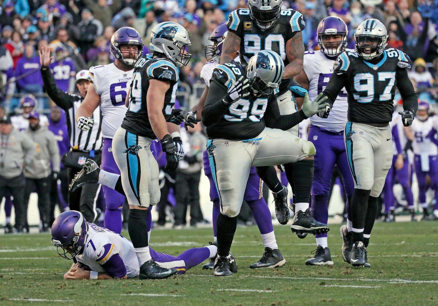 The Panthers' Kevin Short celebrates a sack of Vikings quarterback Case Keenum on the Vikings last drive of the game.