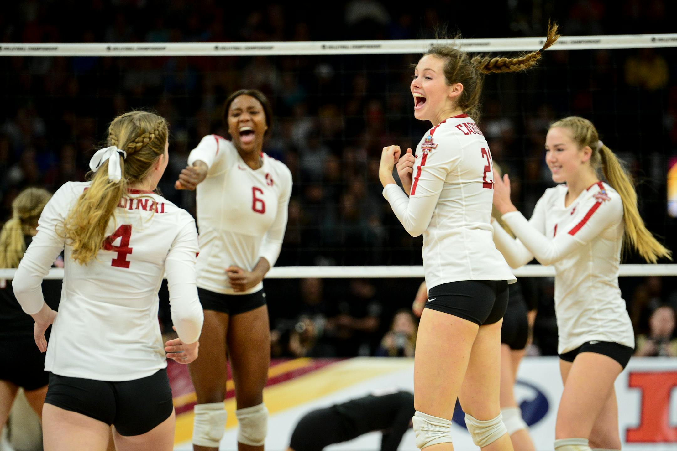 Stanford players, including Sidney Wilson, right of center, celebrated a point scored against Nebraska in the first set
