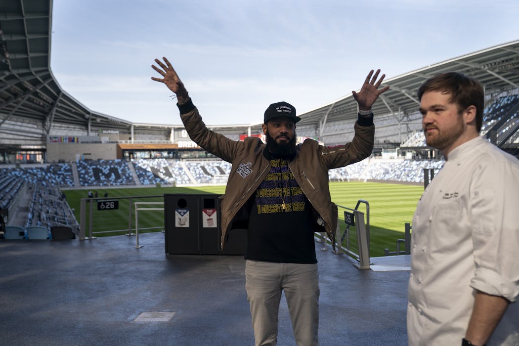 Allianz Field executive chef Bill Van Stee, right, and local chef Justin Sutherland walked around the stadium to discuss the food at Allianz Field.