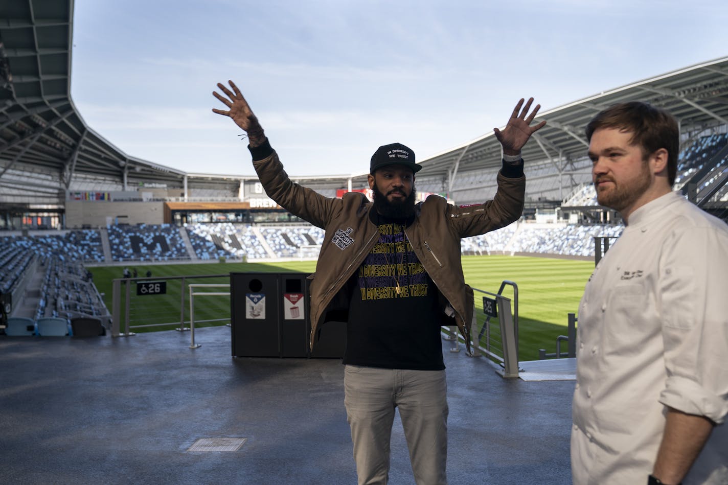 Allianz Field executive chef Bill Van Stee, right, and local chef Justin Sutherland walked around the stadium to discuss the food at Allianz Field in St. Paul, Minn., on Wednesday, April 3, 2019. ] RENEE JONES SCHNEIDER &#xa5; renee.jones@startribune.com