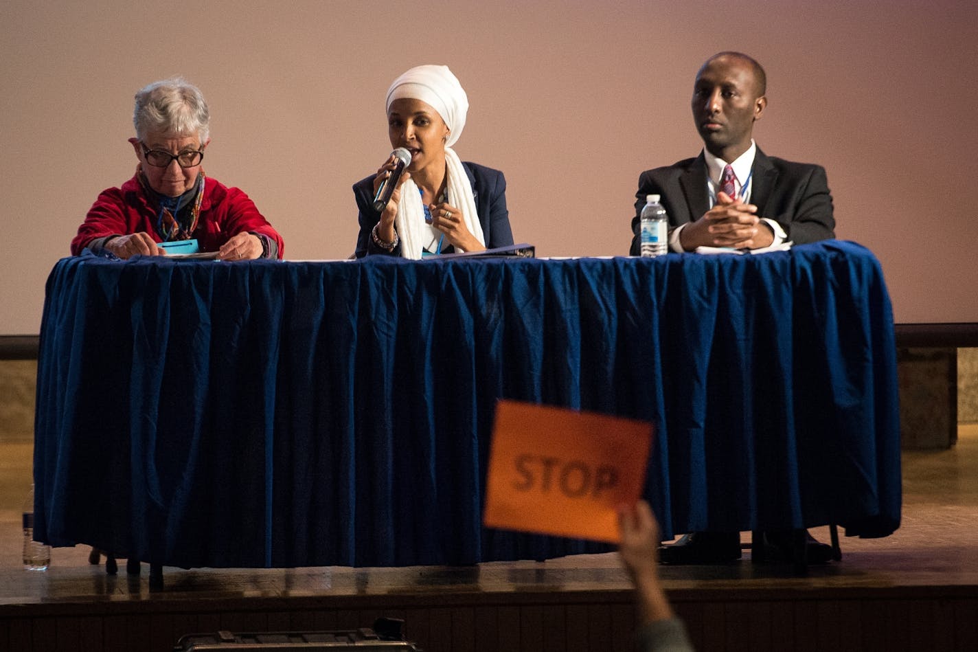 DFL Rep. Phyllis Kahn, left, took part in a Q&A session with fellow candidates Ilhan Omar, center, and Mohamud Noor in the auditorium of Northeast Middle School.