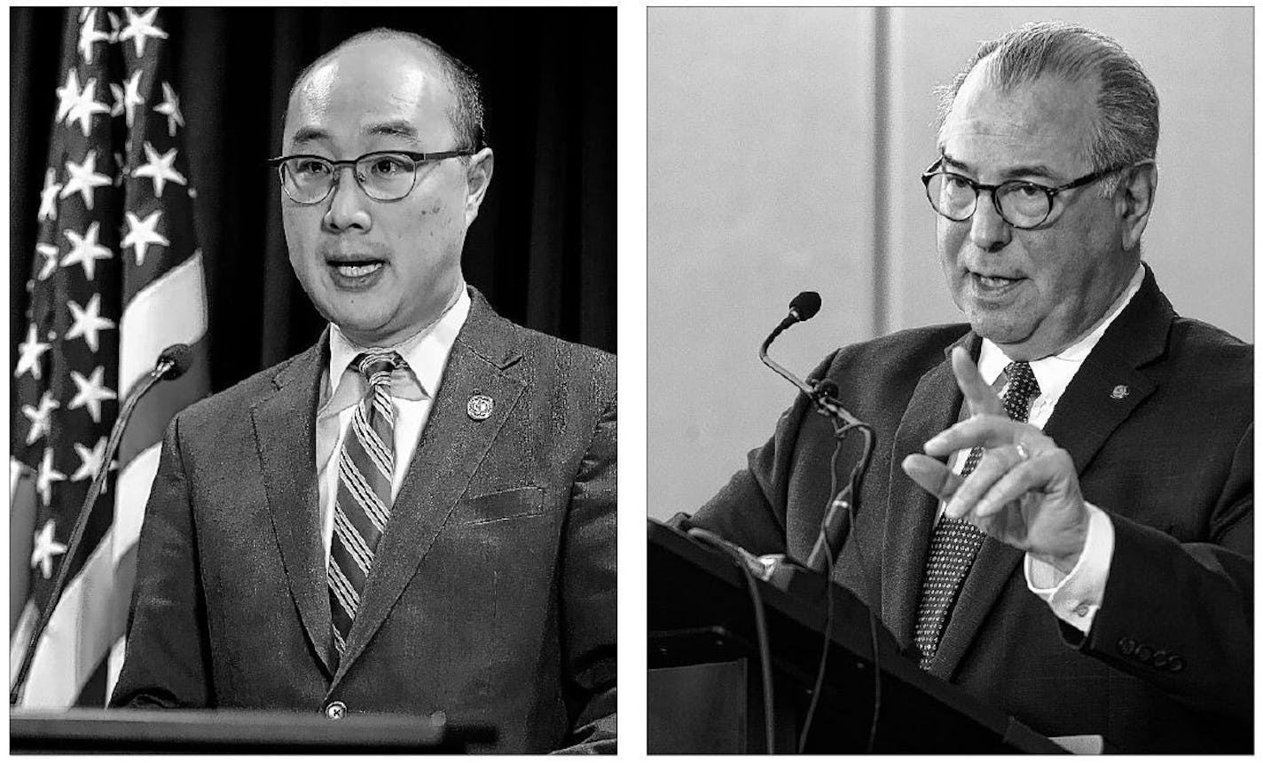 Left: Ramsey County Attorney John Choi announcing charges against a police officer in the 2016 death of Philando Castile. Right:Hennepin County Attorney Mike Freeman discussing charges in the 2017 death of Justine Ruszczyk Damond.