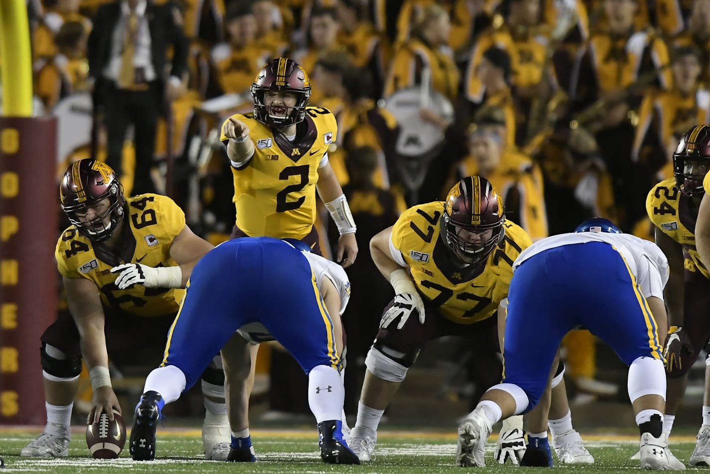 Minnesota Gophers quarterback Tanner Morgan (2) directed teammates in the third quarter Thursday night against the South Dakota State Jackrabbits. ] Aaron Lavinsky &#x2022; aaron.lavinsky@startribune.com The Minnesota Gophers played South Dakota State Jackrabbits on Thursday, Aug. 29, 2019 at TCF Bank Stadium in Minneapolis, Minn.