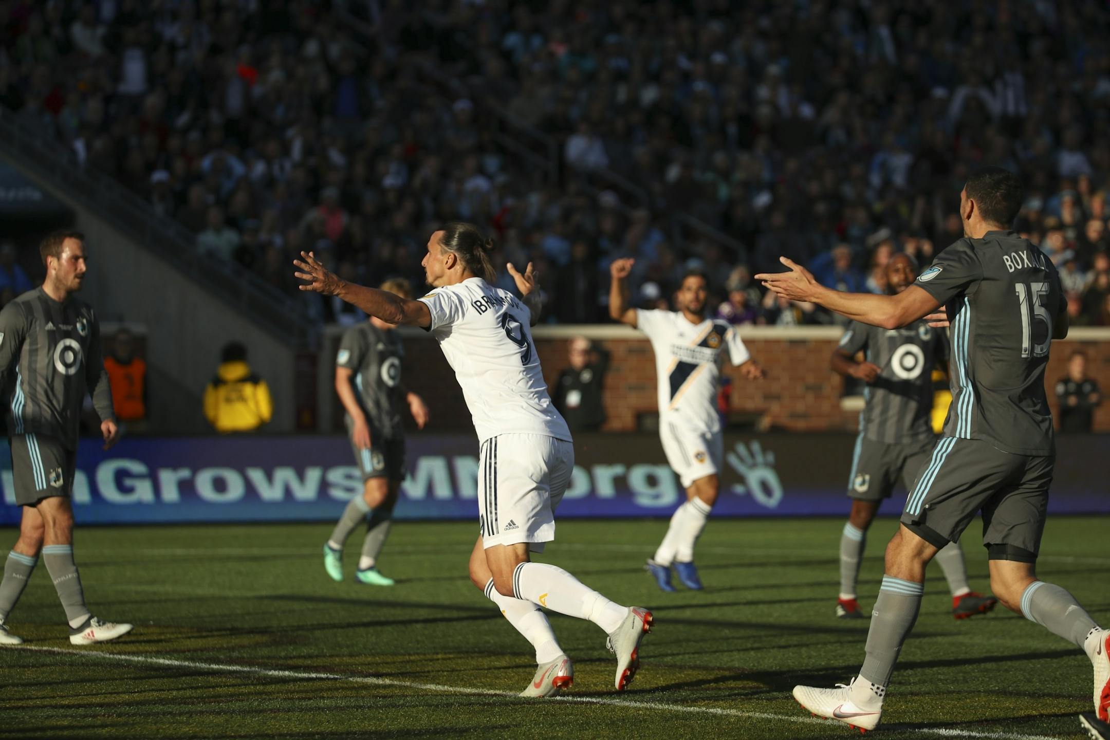 Los Angeles Galaxy forward Zlatan Ibrahimovic (9) reacted after he headed the ball for a first half goal.