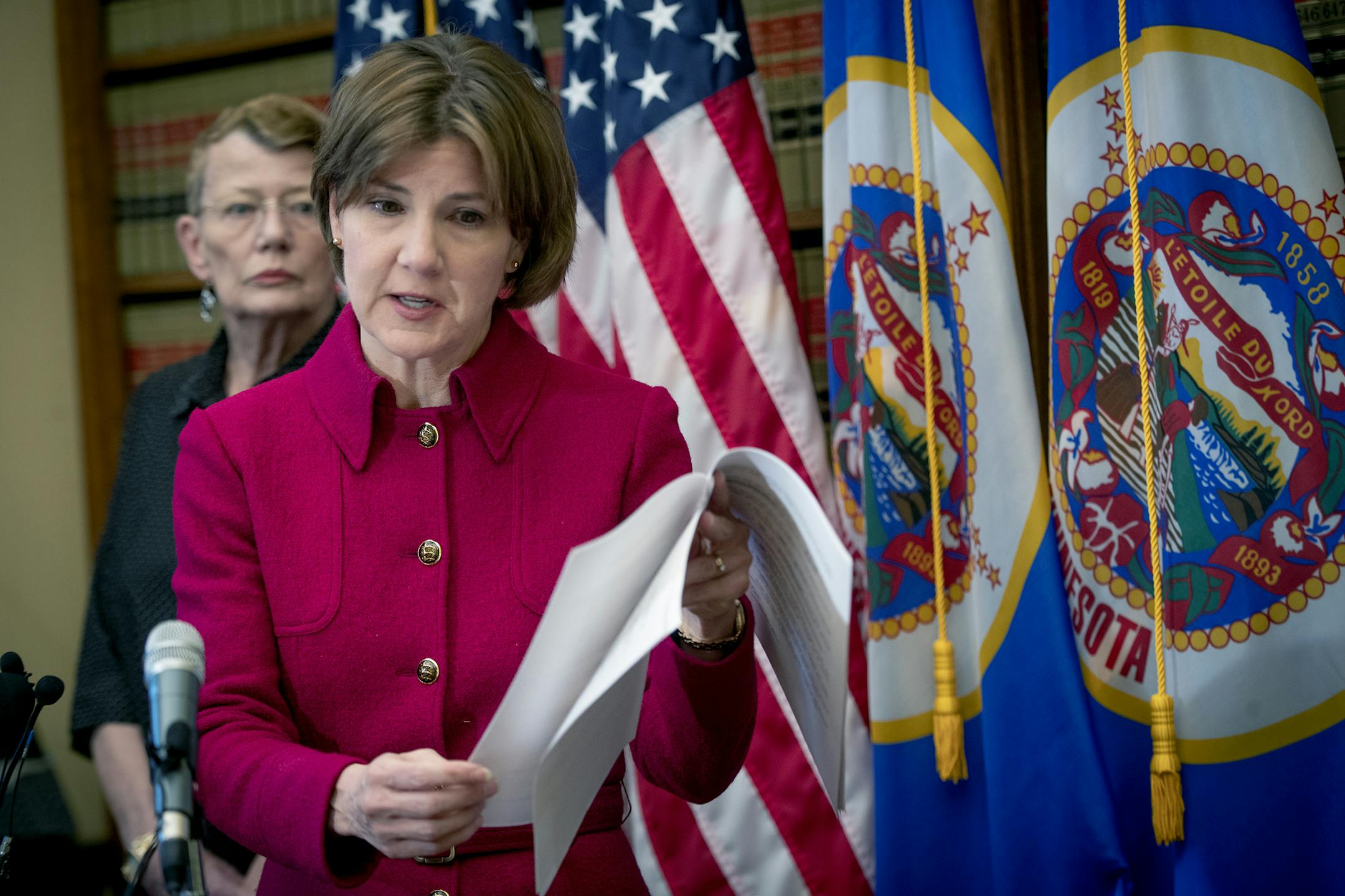 Minnesota Attorney General Lori Swanson revealed that she has filed a lawsuit against American Federation of Police & Concerned Citizens, Inc. ("AFPCC") during a press conference at the State Capitol, Tuesday, October 10, 2018 in St. Paul, MN. The Florida charity targeted people in Minnesota to give donations that would be used to help families killed in the line of duty. ] ELIZABETH FLORES • liz.flores@startribune.com