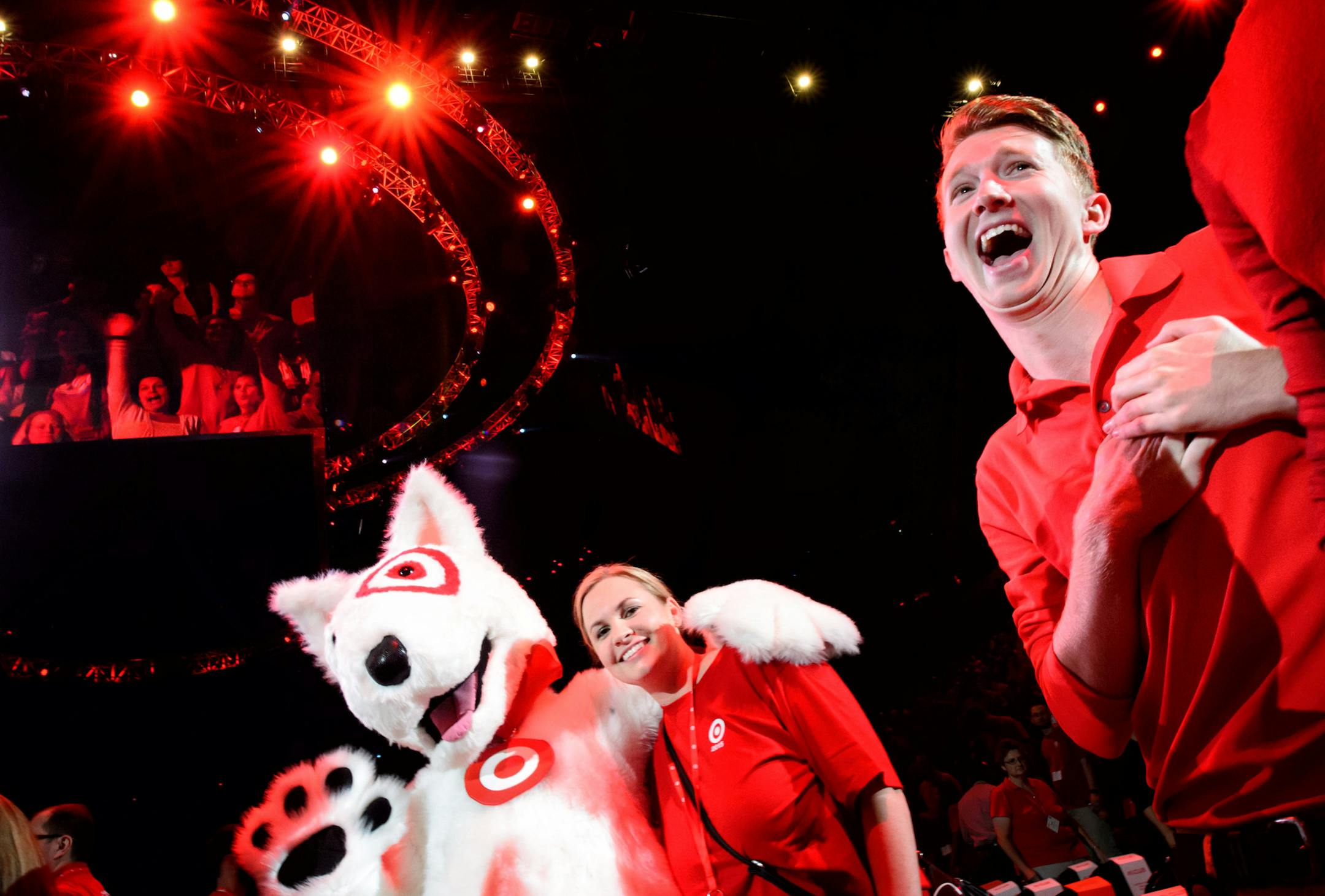 One Target them member was overcome with joy at the sight of Bullseye, the Target mascot, who was a popular selfie guest before the meeting. ] GLEN STUBBE * gstubbe@startribune.com Tuesday September 15, 2015 Target's big annual fall meeting for employees was held at the Target Center. CEO Brian Cornell talked about the changes he's made in his first year and his new effort to improve in-stocks.
