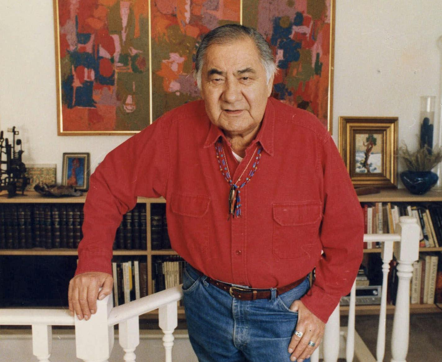 FILE-George Morrison, Ojibwe artist and one of Minnesota's revered artists, shown in this undated file photo, died Monday, April 17, 2000. Morrison had been in failing health for the past month. He is best known for a group of almost abstract paintings called the "Horizon." The series depict the water and skyline of Lake Superior as he saw it from his lakeside studio near Grand Portage where he worked for much of the past 20 years. (AP Photo/The Star Tribune photo 5 Nov 1987, Joey McLeister)