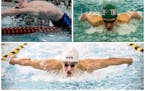 Clockwise from top left: Jackson Kogler of Stillwater, Jiarui Xue of Edina and Conner Hogan of Hutchinson will be prominent in the swimming and diving