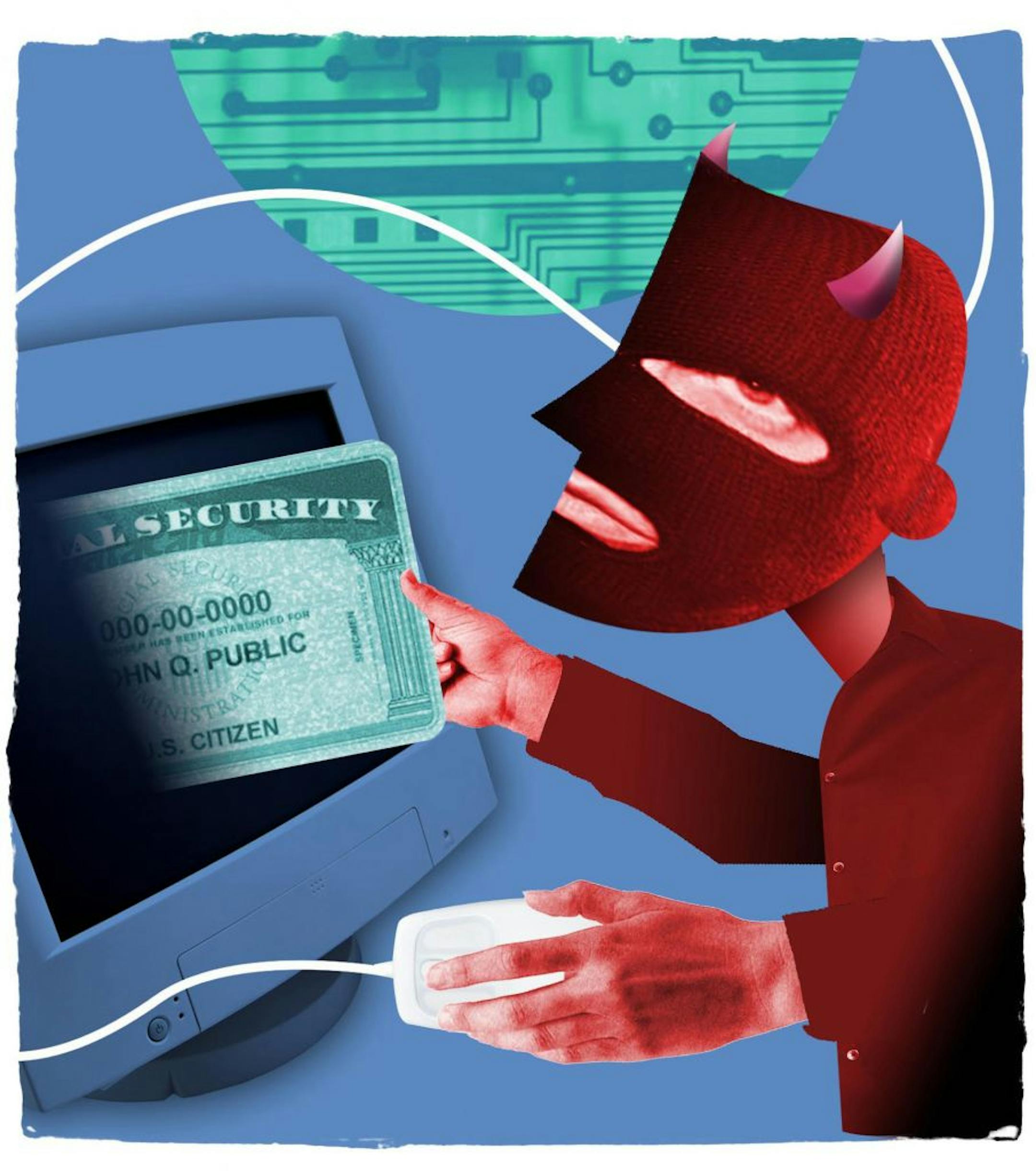 300 dpi Rick Nease color illustration of a person with a devil mask using a computer to steal someone's social security information and identity. Detroit Free Press 2011<p> 02000000; 04000000; CLJ; FIN; krtbusiness business; krtcampus campus; krtcrime crime; krtnational national; krtnews; krtworld world; krt; mctillustration; 04006018; 04008020; 04019000; credit; krtfinance finance; krtfinancialservice financial services; krtintlbusiness; krtmacroecon macroeconomics macro economics; krtnamer nor