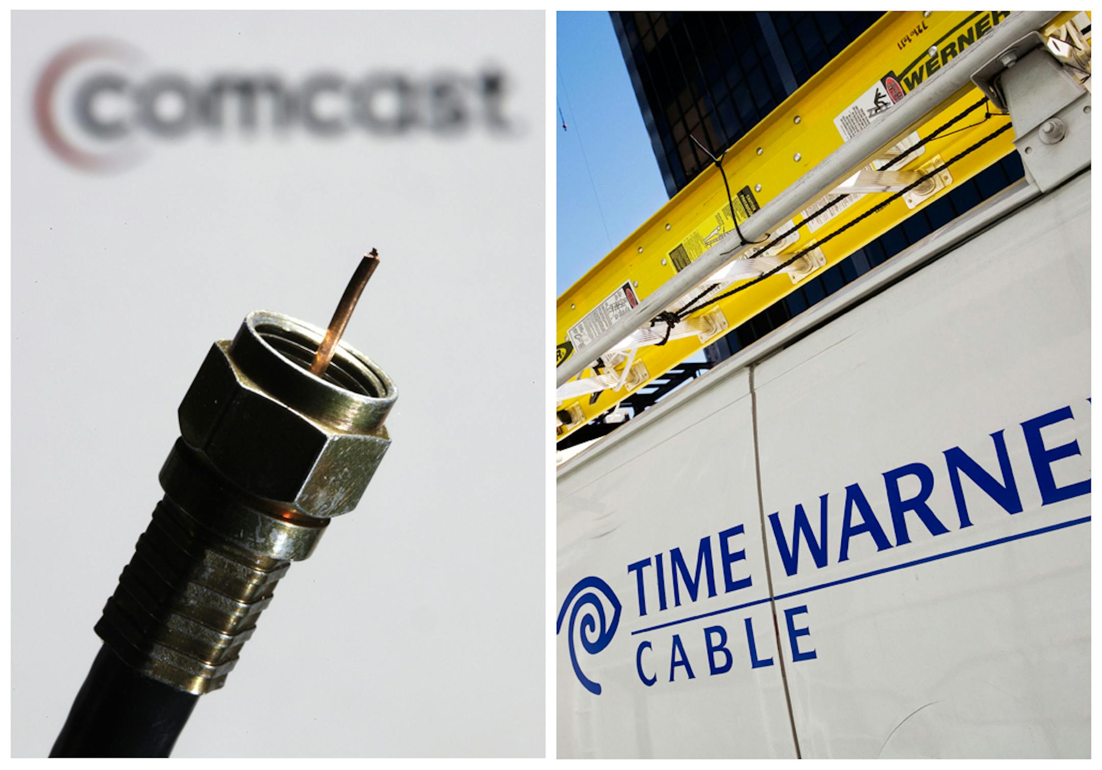 In this combination of Associated Press photos, the a coaxial cable is displayed in front of the Comcast Corp. logo in Philadelphia, on Wednesday, July 30, 2008, and a Time Warner Cable truck is parked in New York on Feb. 2, 2009. Comcast Corp. announced Thursday, Feb. 13, 2014, that it is buying Time Warner Cable Inc. for $45.2 billion in stock. The deal combines two of the nation's top pay TV and Internet service companies and makes Comcast, which also owns NBCUniversal, a dominant force in bo