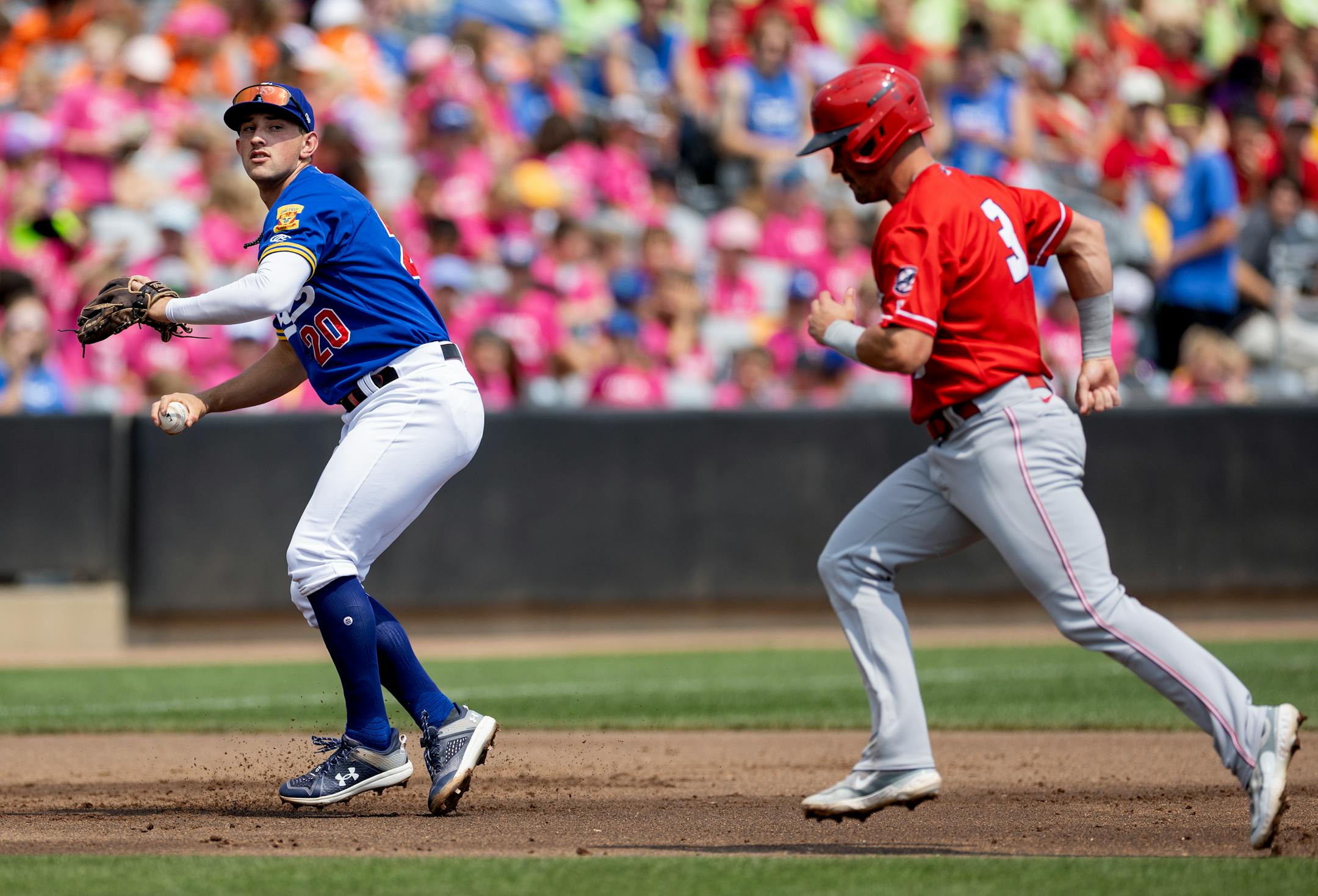 St. Paul Saints infielder Brooks Lee throws out a runner Wednesday, August 9, 2023, at CHS Field in St. Paul, Minn.