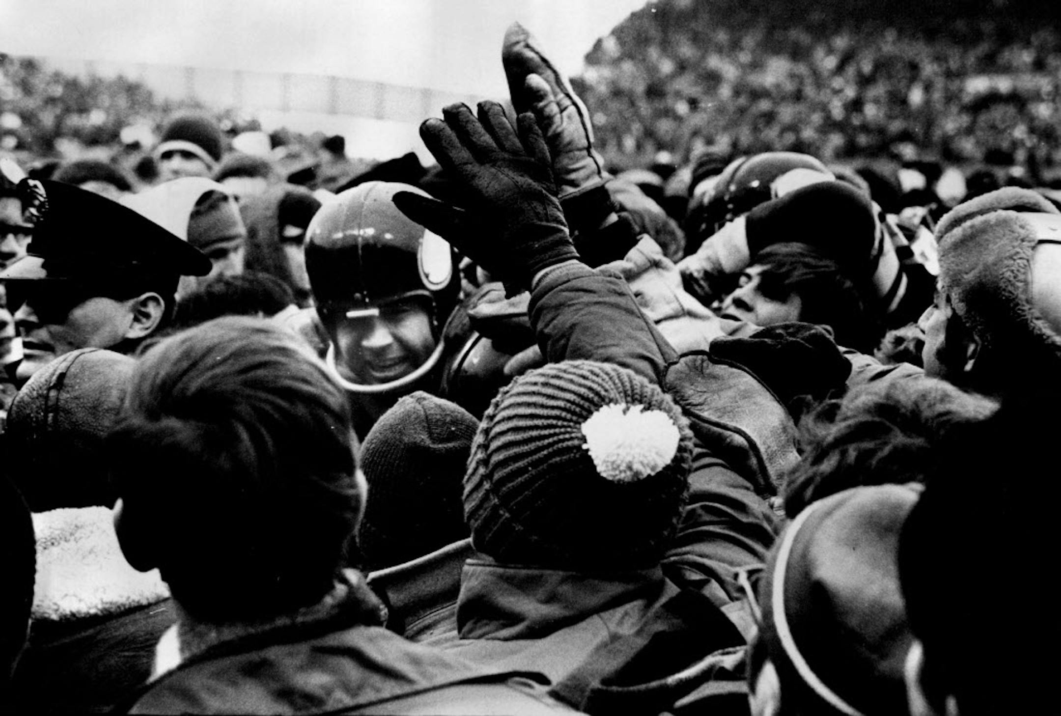 1969. Quarterback Joe Kapp celebrated with fans after their 23-20 win over Los Angeles in the National Football League's Western Conference championship game at Metropolitan Stadium.