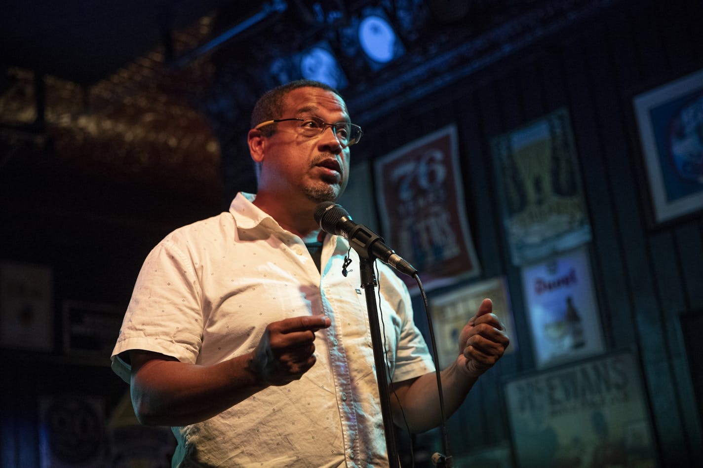 Rep. Keith Ellison spoke the the crowd on the stage at campaign party after winning the DFL nomination for Attorney General at Nomad World Pub in Minneapolis, Minn., on August 14, 2018.