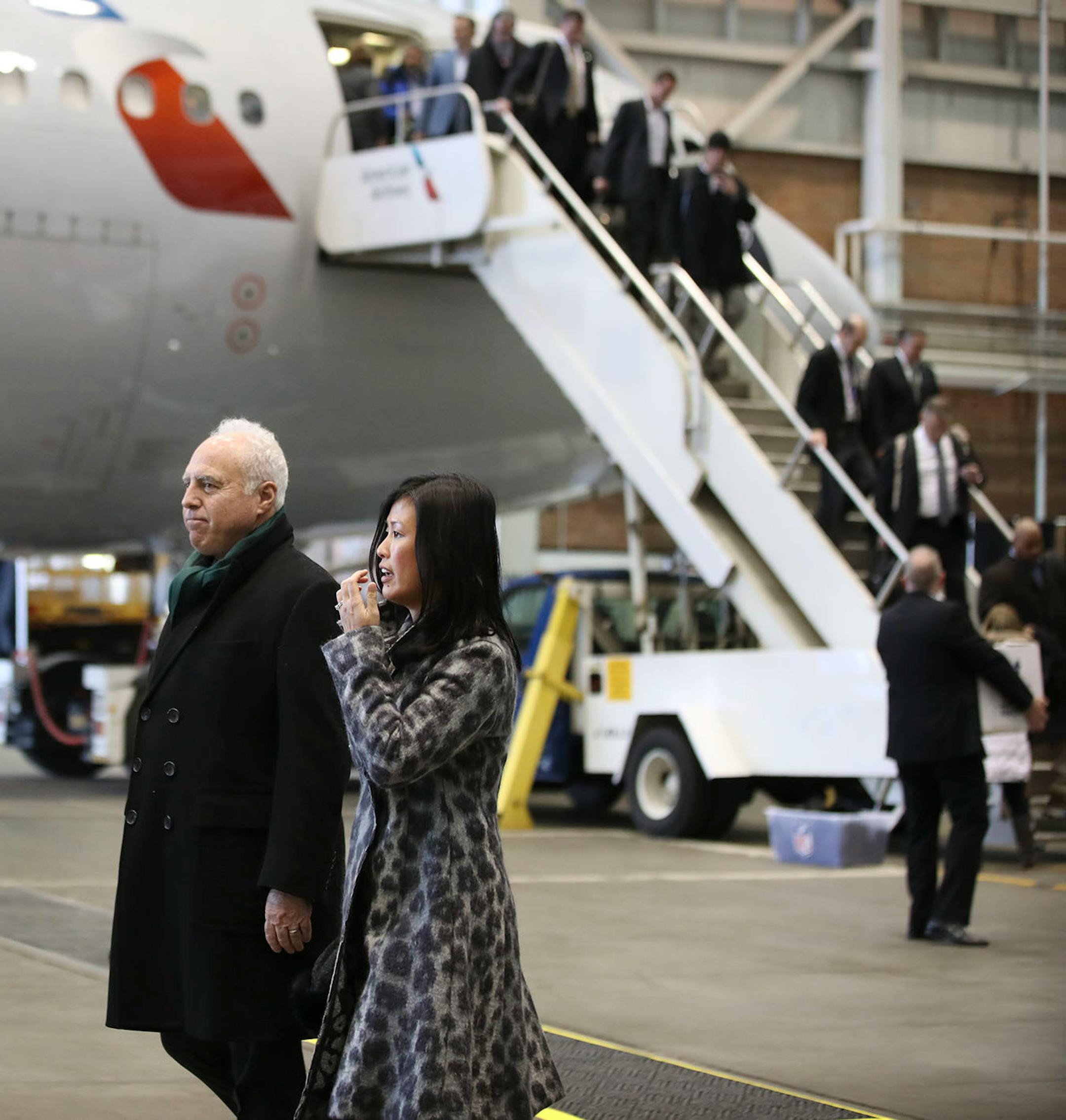 Jeffrey Lurie center, and his wife Tina Lai owner of the NFC Champions Philadelphia Eagles and his team arrived at MSP Airport Delta Airlines Maintenance Hangars 7 & 8 Sunday January 28, 2017 in St. Paul, MN.
