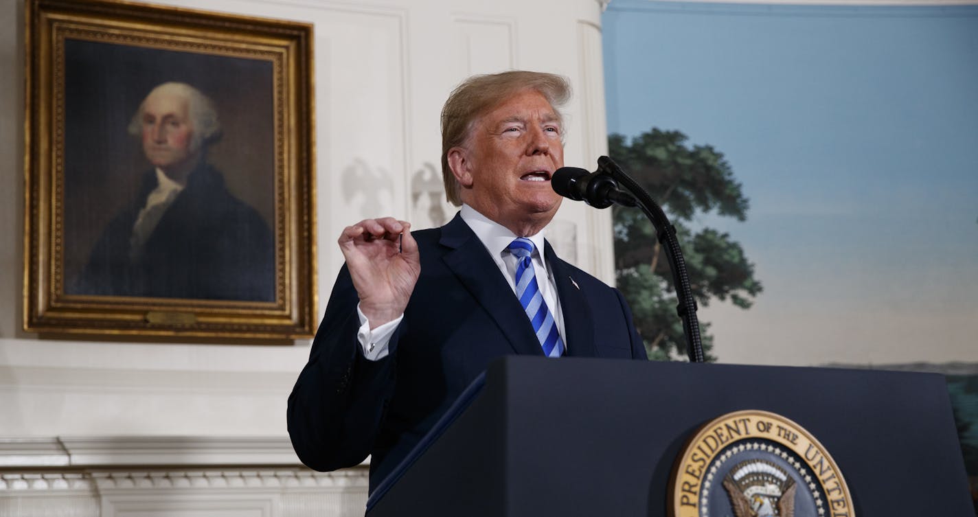 President Donald Trump delivers a statement on the Iran nuclear deal from the Diplomatic Reception Room of the White House, Tuesday, May 8, 2018, in Washington. Trump announced the U.S. will pull out of the landmark nuclear accord with Iran, dealing a profound blow to U.S. allies and potentially deepening the president's isolation on the world stage. (AP Photo/Evan Vucci)