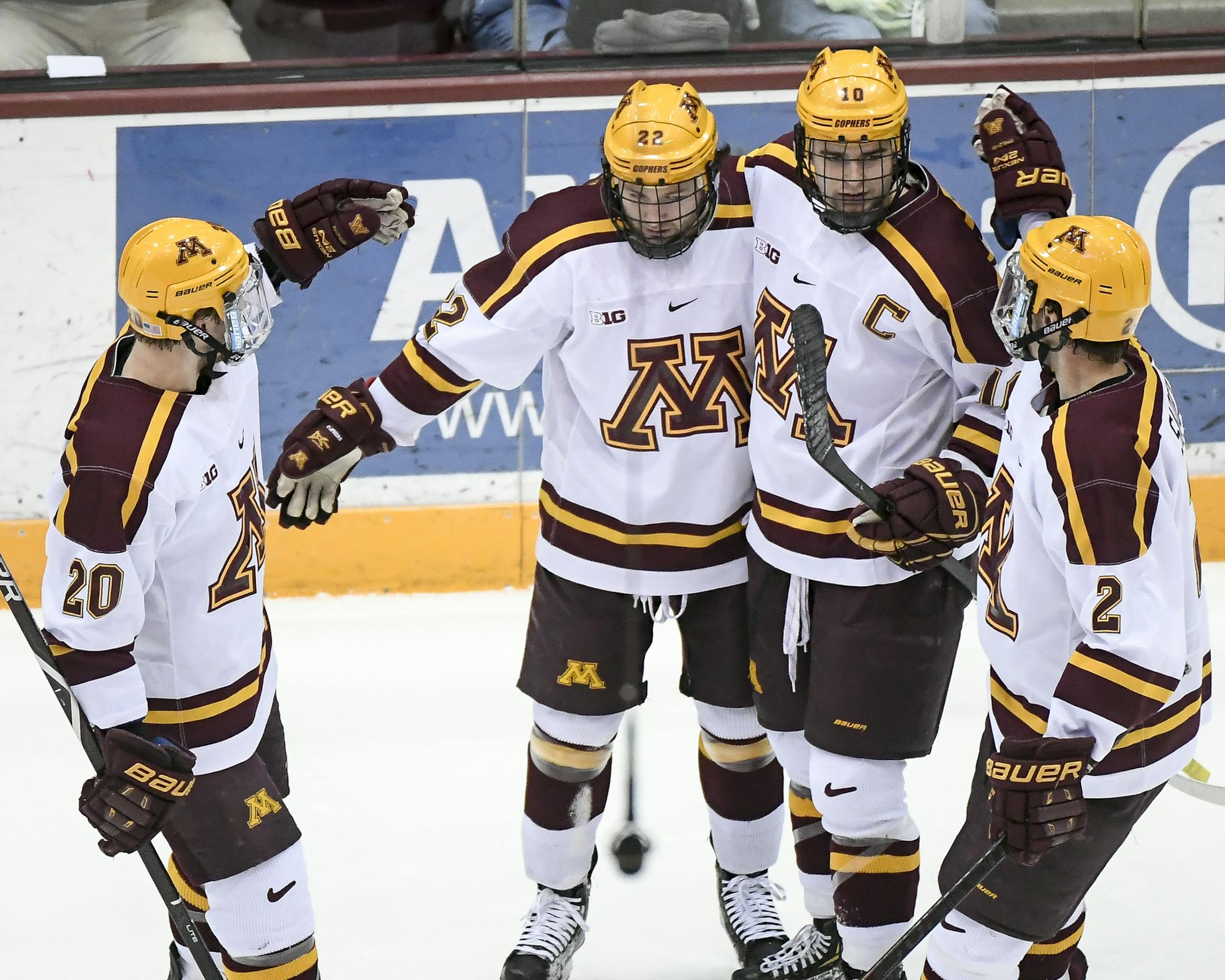 Teammates, including defenseman Ryan Zuhlsdorf (20), forward Tyler Sheehy (22), forward Brent Gates Jr. (10) and defenseman Jack Sadek (2) celebrated a goal by Sheehy in the second period against the Michigan Wolverines. ] Aaron Lavinsky &#xa5; aaron.lavinsky@startribune.com The University of Minnesota Golden Gophers played the Michigan Wolverines on Friday, March 8, 2019 at the 3M Arena at Mariucci in Minneapolis, Minn.