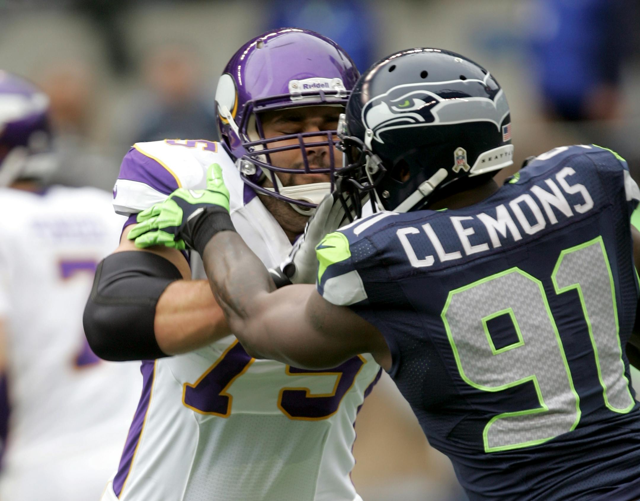 Minnesota Vikings offensive tackle Matt Kalil (75) blocks during NFL football game against the Seattle Seahawks, Sunday, November 4, 2012 in Seattle. The Seahawks won the game 30-20. (AP Photo/Paul Jasienski) ORG XMIT: PJWA01 ORG XMIT: MIN1211281811561092