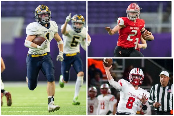 Mahtomedi’s Corey Bohmert (left), Elk River’s Cade Osterman (top right) and Stillwater’s Max Shikenjanski are three members of the Vikings All-S