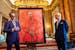 Artist Jonathan Yeo and Britain's King Charles III at the unveiling of Yeo's portrait of the King, in the blue drawing room at Buckingham Palace, in L