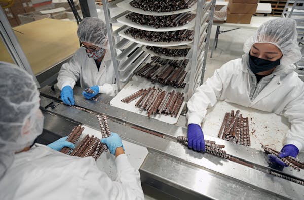 Workers at Maud Borup in Le Center, Minn., packaged chocolate-covered pretzels for the holiday season.