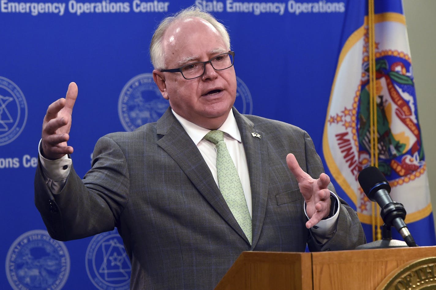 Minnesota Gov. Tim Walz provides an update on the state's response to the coronavirus pandemic during a news conference on Monday, May 4, 2020 in St. Paul, Minn. (Scott Takushi/Pioneer Press via AP, Pool)