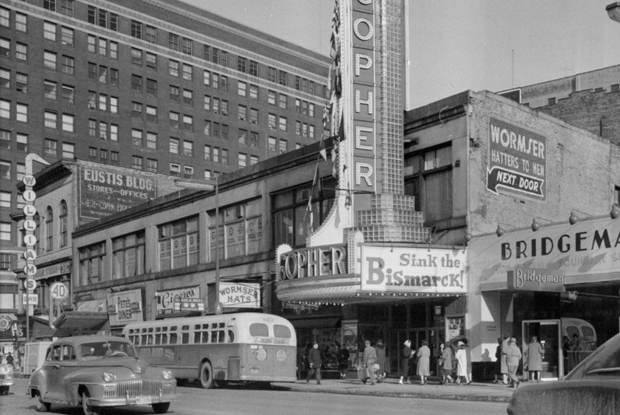 HENN3: Hennepin Av. between 6th Street and 7th Street 1960: Gopher Theatre. The movie theater’s roots reached to 1910, when it was the Grand Theater. In 1938 it was renovated (by architects Liebenberg and Kaplan, of Uptown, Suburban World and Varsity theaters fame) and renamed, and demolished in 1981. That’s the 105-year-old Plymouth Building in the background.