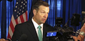 Kansas Secretary of State Kris Kobach speaks to supporters in launching his campaign for the Republican nomination for governor, Thursday, June 8, 201