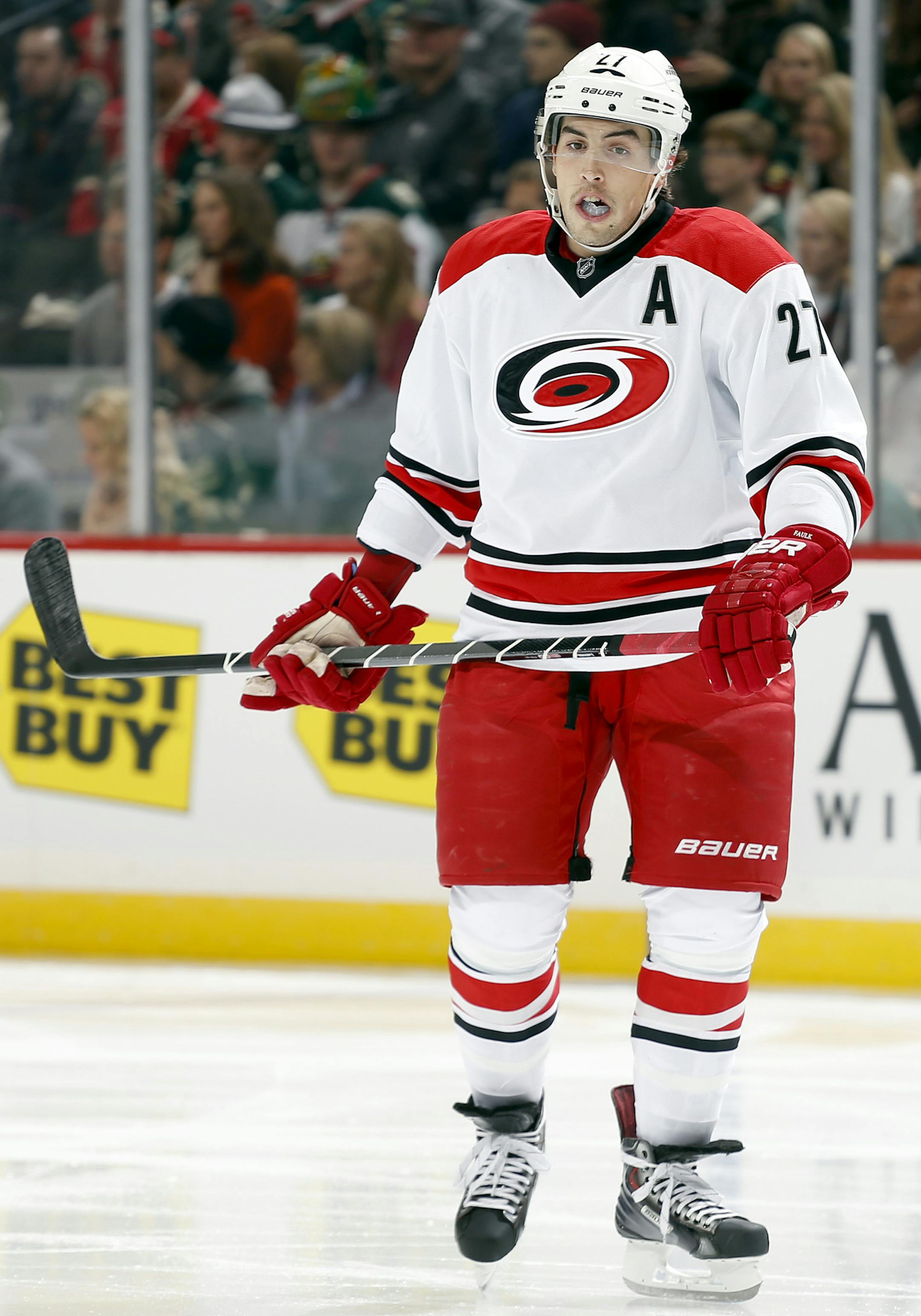 Justin Faulk Carolina Hurricanes ] CARLOS GONZALEZ cgonzalez@startribune.com October 24, 2013, St. Paul, Minn., NHL, Xcel Energy Center, Minnesota Wild vs. Carolina Hurricanes ORG XMIT: MIN1311081453159390