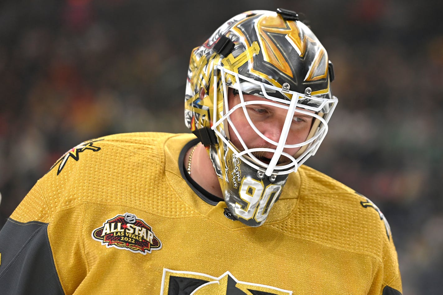 Vegas Golden Knights goaltender Robin Lehner skates during a break in the game against the Dallas Stars during the first period of an NHL hockey game Wednesday, Dec. 8, 2021, in Las Vegas. (AP Photo/David Becker)