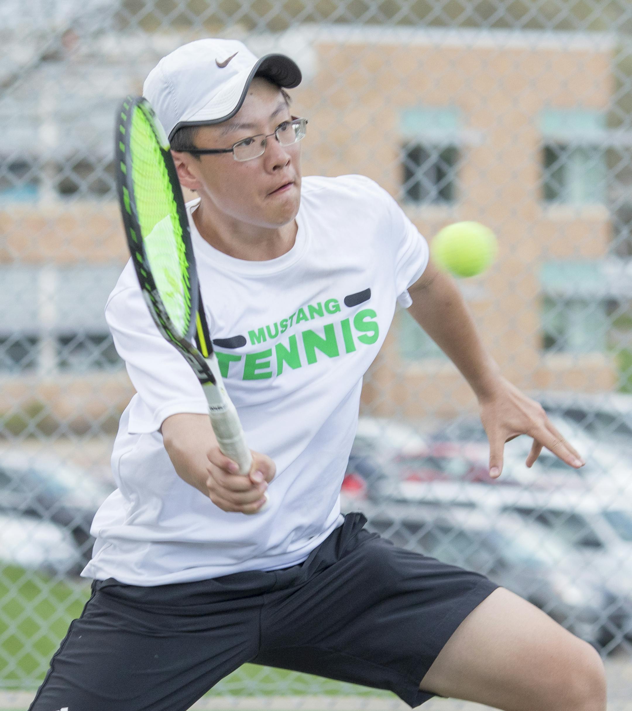 Mounds Views's Michael Cao helps his team win the Edina Tennis Tournament. [ Special to Star Tribune, photo by Matt Blewett, Matte B Photography, matt@mattebphoto.com, Edina Community Center, Edina High School, Mounds View High School, Tennis, May 5, 2018, Minnesota, SAXO 1006006287 PREP050618