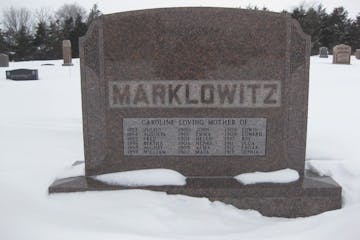 The Marklowitz family headstone, noting Caroline and her 18 children, Maine Prairie Cemetery, Kimball, Minn.