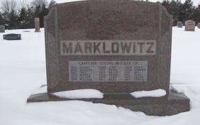 The Marklowitz family headstone, noting Caroline and her 18 children, Maine Prairie Cemetery, Kimball, Minn.