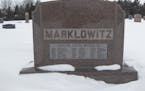 The Marklowitz family headstone, noting Caroline and her 18 children, Maine Prairie Cemetery, Kimball, Minn.