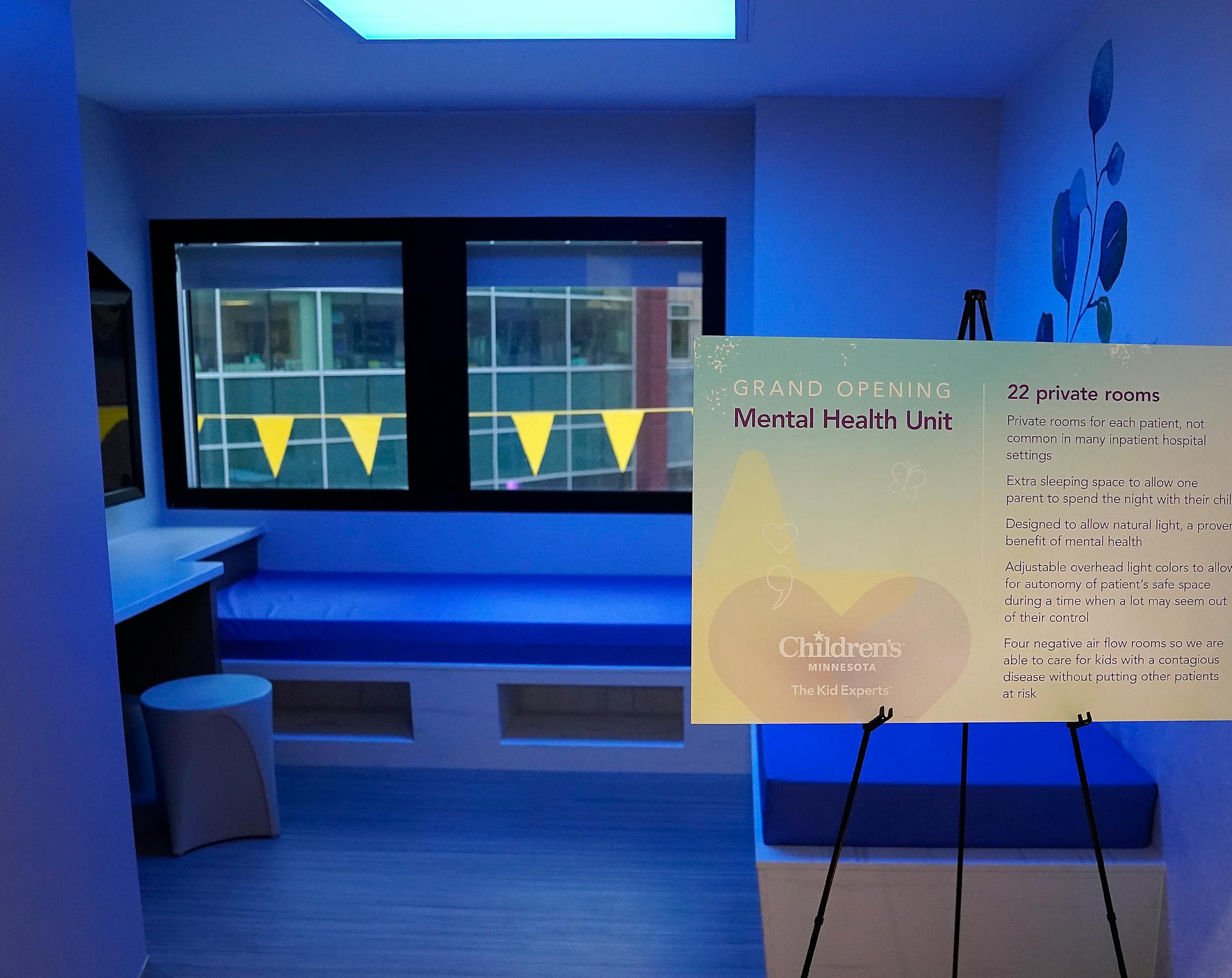 One of 22 patient's rooms at Children's Minnesota inpatient mental health unit.