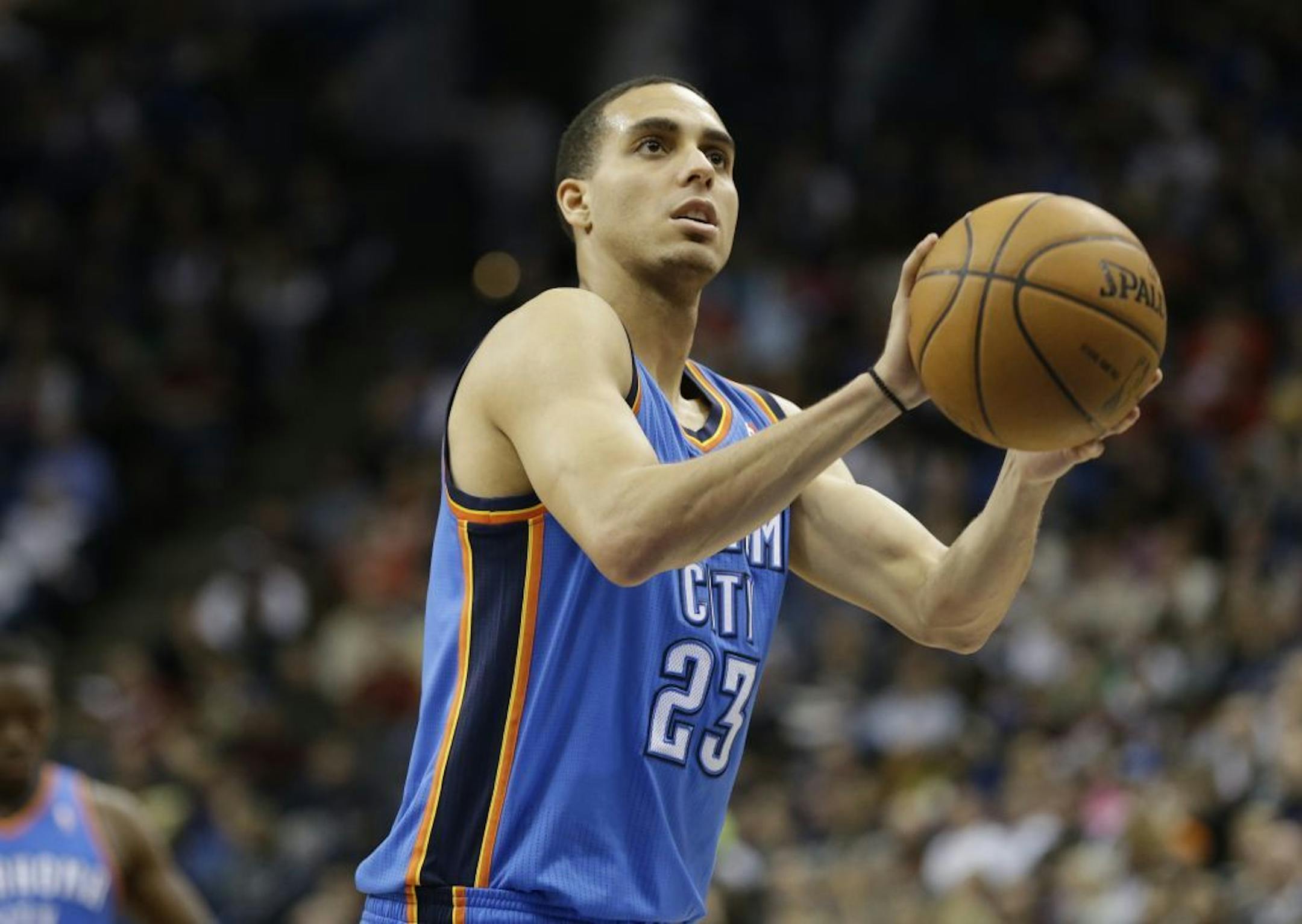 Oklahoma City Thunder's Kevin Martin is shown in the second half of an NBA basketball game against the Minnesota Timberwolves Friday, March 29, 2013 in Minneapolis.