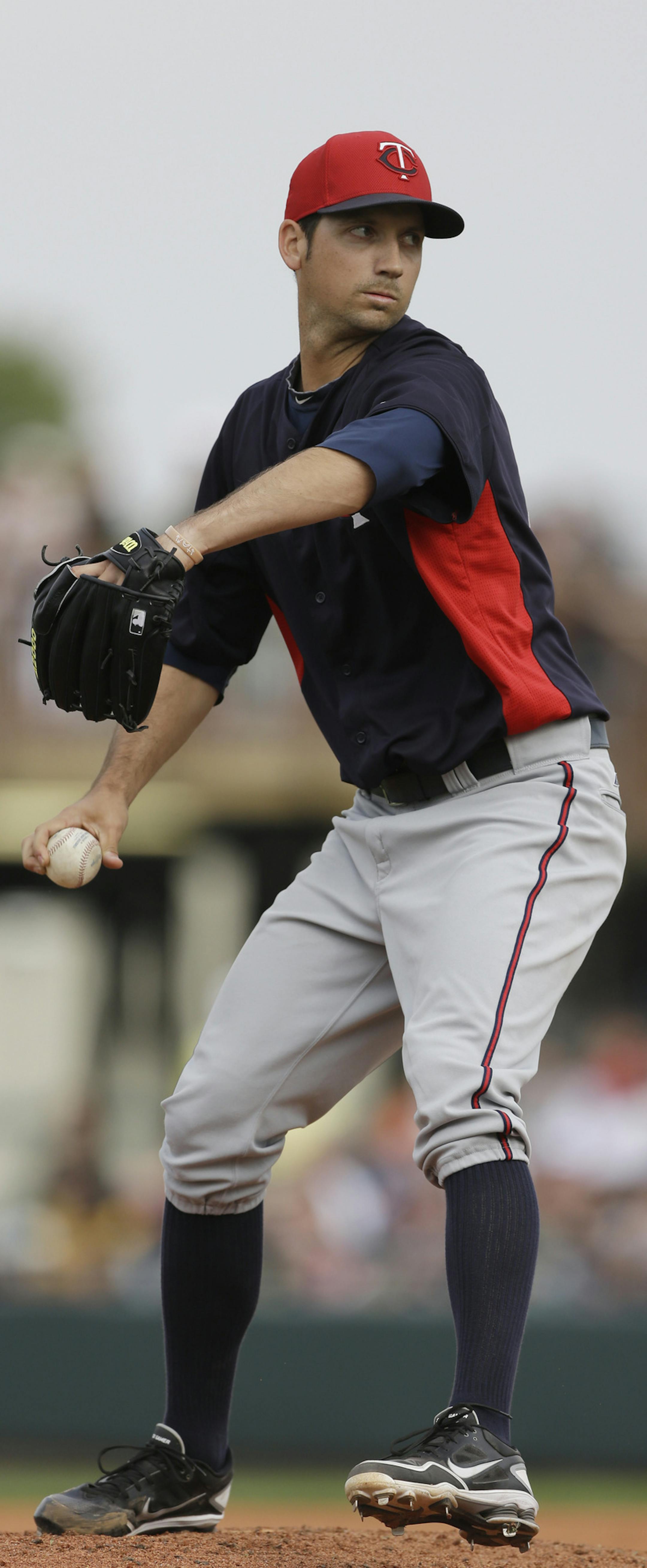Minnesota Twins pitcher Alex Meyer throws during the eighth inning of an exhibition spring training baseball game against the Pittsburgh Pirates, Saturday, March 9, 2013 in Bradenton, Fla. (AP Photo/Carlos Osorio) ORG XMIT: MIN2013031719265109