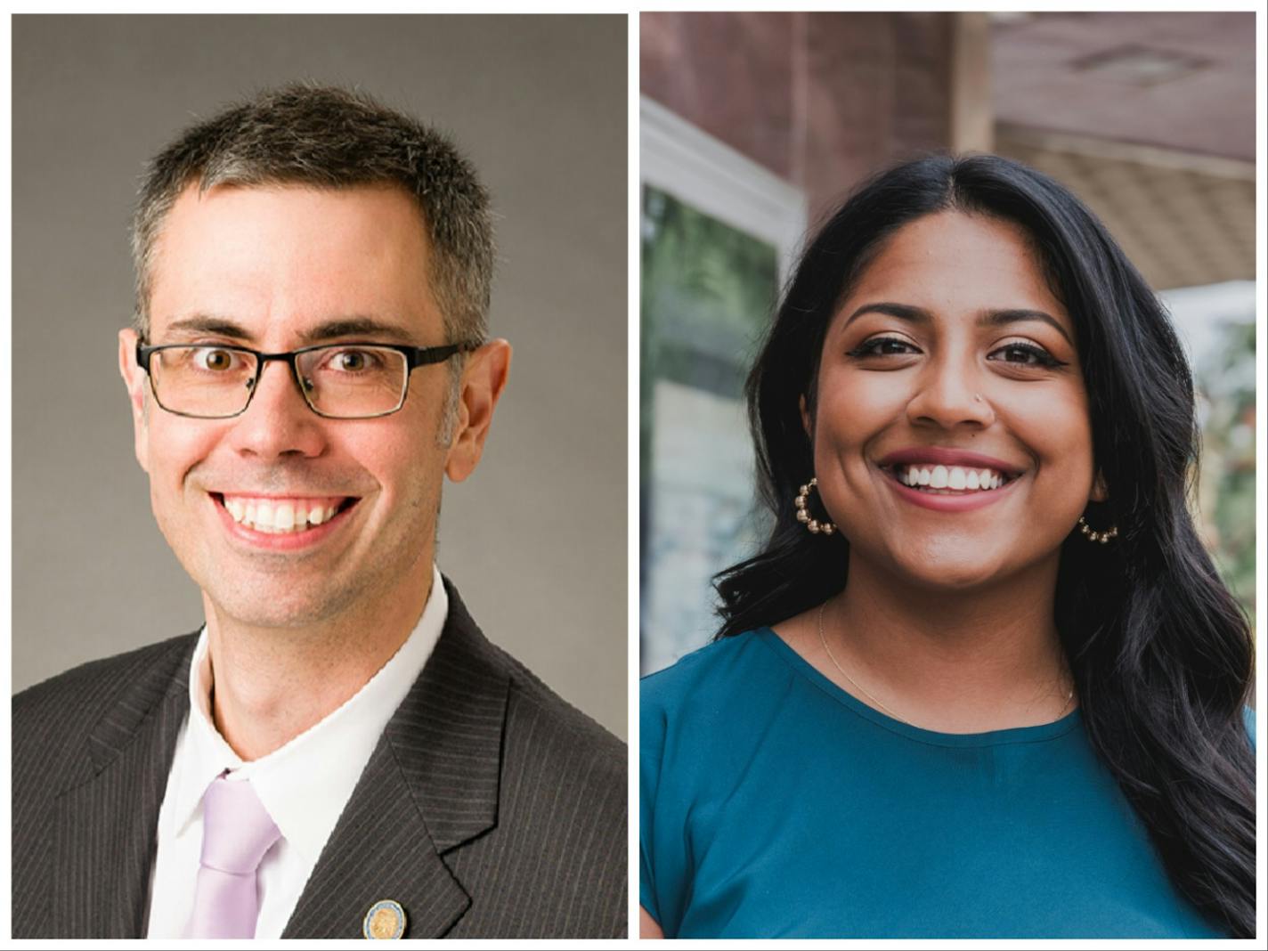 Collage of Minneapolis City Council Member Andrew Johnson, left, and his Ward 12 successor, Aurin Chowdhury.